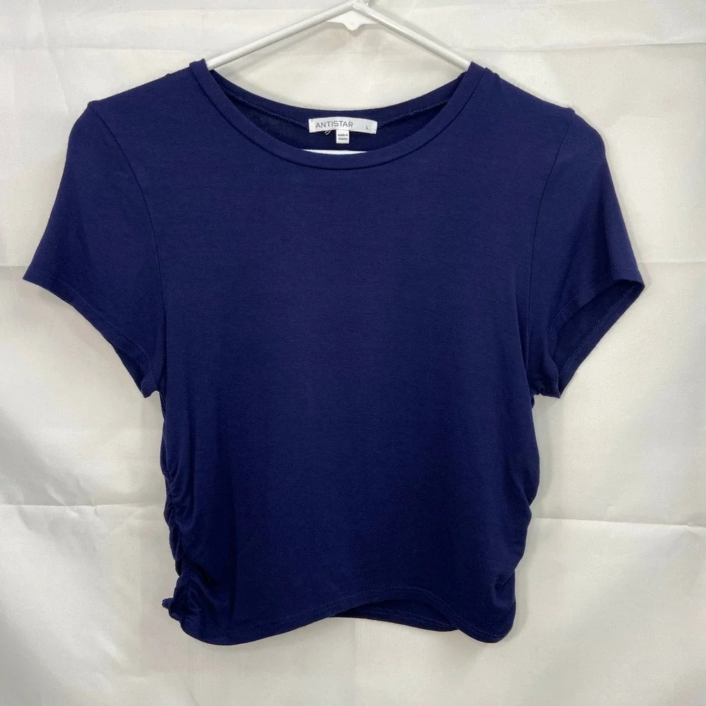 Antistar junior's women's dark blue ruched short sleeve stretch cropped shirt L